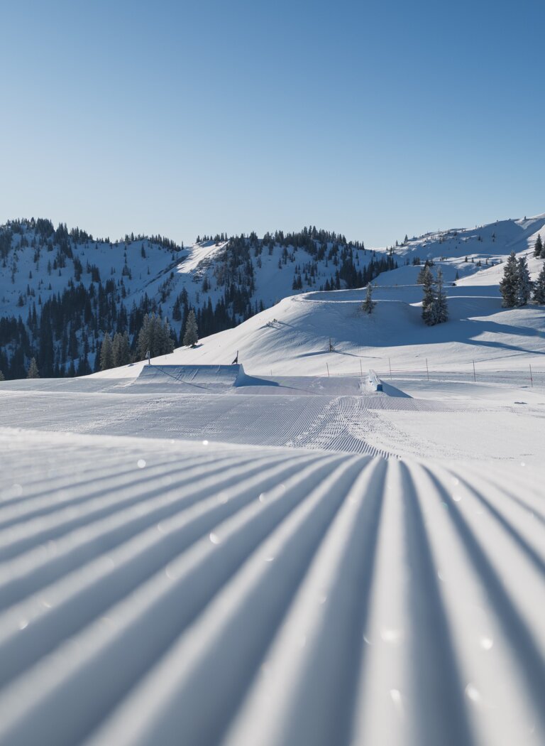 Freshly groomed ski slope runs through snowy hills under a clear blue winter sky | © Hochkönig Bergbahnen GmbH